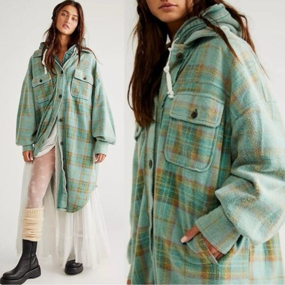 Free People Plaid Long Ruby Jacket Shacket Coat Sage Small Grunge 90s Distressed - Picture 2 of 12